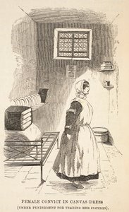 Kvinnlig dömd i tygklänning (straffad för att ha slitit sina kläder), illustration från The Criminal Prisons of London och Scenes from Prison Life av Henry Mayhew och John Binny, pub. 1862 (eng av English School