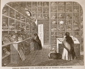 Kvinnliga fångar äger klädbutik i Tothill Fields Prison, illustration från The Criminal Prisons of London och Scenes from Prison Life av Henry Mayhew och John Binny, pub. 1862 av English School