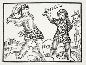 Ferragus reser en mäktig armé och belägrar staden Acquitain, illustration från Chap-books of the Eighteenth Century av John Ashton, pub. 1882 av English School