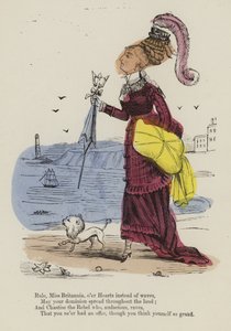 Bild av en kvinna som går längs havet med en liten hund av English School