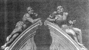 Figurer över Gateway of Bethlehem Hospital, graverade av A. Birrell för Lamberts History of London, 1805 av English School