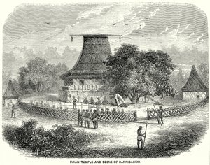 Fijianskt tempel och scen för kannibalism (gravyr) av English School