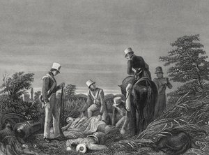 Att hitta färgerna på det 24:e regementet efter slaget vid Chillianwallah, ca 1850 (gravyr) av English School