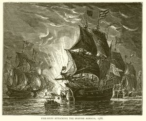 Eldskepp anfaller den spanska armadan, 1588 av English School
