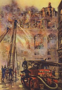 Brandmän som bekämpar en brand på ett stort hotell (färg litho) av English School