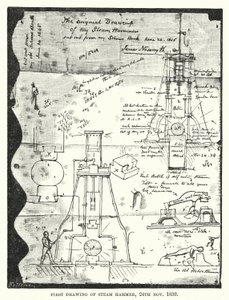 Första teckningen av Steam Hammer, 24 november 1839 (gravyr) av English School