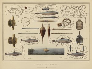 Fiskeredskap (litho i färg) av English School
