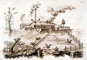 Fiska med skarvar med en vattenbåt och inhägnad inhägnad, illustration från 