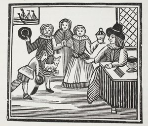 Fitzwarren tar emot sina tjänares satsningar, illustration från Chap-books of the Eighteenth Century av John Ashton, pub. 1882 av English School