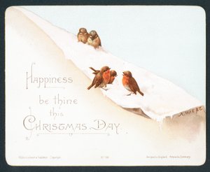 Fem små Robins i snö, julkort av English School