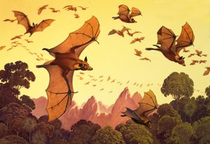 Flygande rävar (gouache på papper) av English School