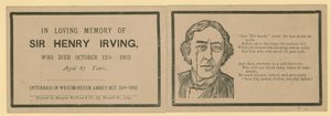 Vikbart kort som noterar bortgången av Sir Henry Irving, skådespelare, som dog den 13 oktober 1905 av English School