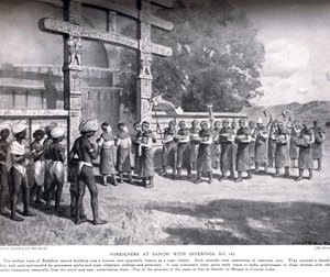 Utlänningar i Sanchi med offergåvor 145 f.Kr., illustration från Hutchinsons Nationernas historia, ca 1910 av English School