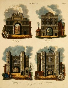 Fyra stadsportar: Bishopsgate, Moorgate, Cripplegate och Newgate, graverade av J. Pass, pub. av G. Jones av English School
