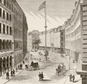 Franklin Street, Boston, Massachusetts på 1870-talet (litho) av English School