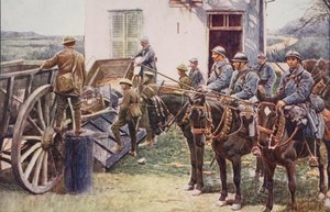 Franska Lancers anländer till en bys utpost och kommer till hjälp för de brittiska styrkorna, 1914-19 av English School
