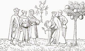 Friar Odoric av Pordenone som håller en gren från ett träd som fåglar växer på, visas i tur och ordning av den lokala kungen, Tartarys lammträd, som visar ett lamm som växer fram, illustration från The Strand Magaz av English School