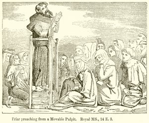 Broder predikar från en rörlig predikstol. Royal MS., 14 E. 3 av English School