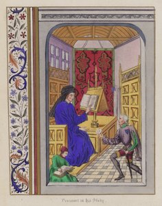 Froissart i hans arbetsrum (färgad gravyr) av English School