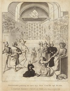 Froissart presenterar sina brev från Guy Court de Blois till Gaston Phoebus greve de Foix i hans palats i Orthez av English School