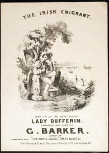 Främre omslag av musikpartitur till The Irish Immigrant, skriven av Lady Dufferin, komponerad av G. Barker av English School