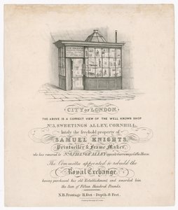 Framsidan av No 3, Sweetings Alley, Cornhill, nyligen tillhörde Samuel Knights, tryckerier och rammakare av English School