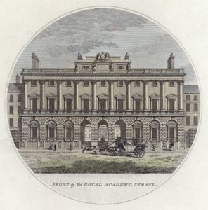 Framsidan av Royal Academy, Strand, London (färgad gravyr) av English School