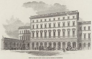 Framsidan av New Grand Central Railway Station, i Birmingham (gravyr) av English School