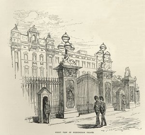 Framifrån av Buckingham Palace, från "Leisure Hour", 1888 av English School