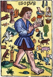 Frontispice av ""Fables"" av Aesop, upplagor tryckta i England av William Caxton (1422? - 1491). av English School