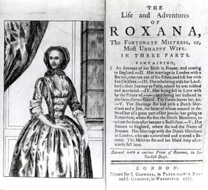 Frontispice och titelsida för The Life and Adventures of Roxana av Daniel Defoe, publicerad 1765 av English School