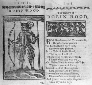 Frontispice och inledande rader till The History of Robin Hood av English School