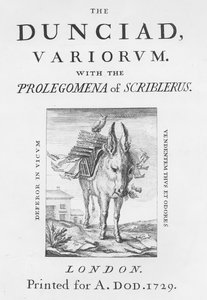 Frontispice och titelsida till The Dunciad Variorum av Alexander Pope, 1729 av English School