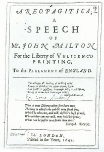 Frontispice av Areopagitica, ett tal av John Milton (1608-74) pub. år 1644 av English School