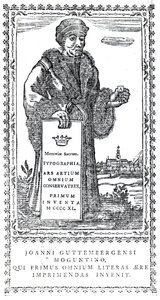 Frontispice av Johannes Gutenberg från A Concise History of the Origin and Progress of Printing av Philip Luckombe, publicerad 1770 av English School