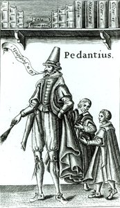 Frontispice av "Pedantius", komedi av Edward Forsett producerad i Cambridge 1581 (träsnitt) av English School
