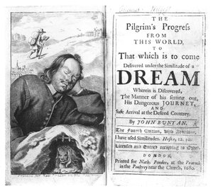 Frontispice of the Pilgrims Progress av John Bunyan (1628-88) pub. år 1680 av English School