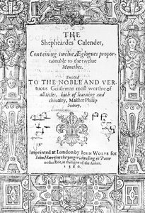 Frontispice of The Shephardes Calender av Esmond Spenser (1552-99), publicerad 1586 av English School