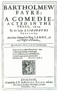 Frontispice till Bartholomew Fayre: En komedi av Benjamin Jonson (15723-1637) 1631 av English School