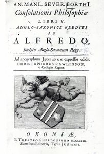 Frontispice till Christopher Rawlinsons översättning av Alfred the Greats upplaga av Boethius De Consolationis Philosophiae, 1698 (tryck) av English School