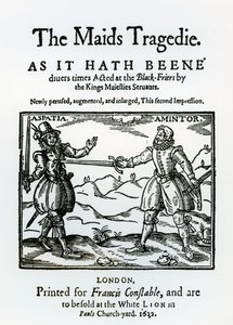 Frontispice till The Maid Tragedy av Sir Francis Beaumont (1584-1616) och John Fletcher (1579-1625) 1622 av English School