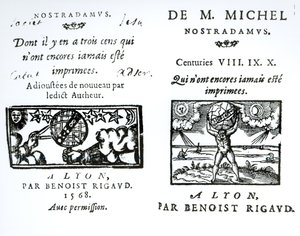 Frontispice till The Prophecies of M. Michel Nostradamus, pub. av Benoist Rigaud, 1568 av English School