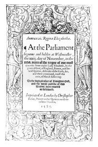Frontispice till en redogörelse för drottning Elizabeths parlament som hölls mellan 23 november 1584 och 24 mars 1585, tryckt av Christopher Barker, 1585 av English School