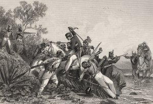 Flyende brittiska officerare och deras familjer attackeras av myterister, från "The History of the Indian Mutiny", publicerad 1858 (gravyr) av English School