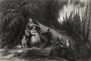 Flyktande officerare med sina familjer gömmer sig i lila, från "The History of the Indian Mytery" publicerad 1858 av English School