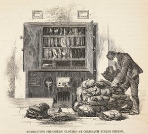 Desinficerande fångarkläder i Coldbath Fields Prison, illustration från The Criminal Prisons of London och Scenes from Prison Life av Henry Mayhew och John Binny, pub. 1862 av English School