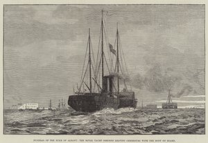 Begravning av hertigen av Albany, Royal Yacht Osborne lämnar Cherbourg med kroppen ombord (gravyr) av English School