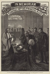 Begravning av prinsessan Alice, prinsen av Wales och prins Leopold som placerar kransar på kistan i familjens mausoleum vid Rosenhohe (gravyr) av English School
