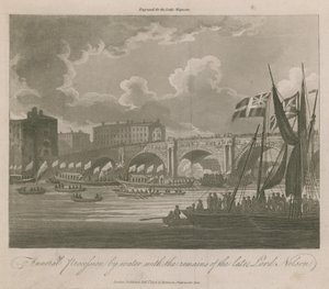 Begravningståg vid vatten med kvarlevorna av den bortgångne Lord Nelson av English School