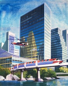 Futuristisk monorail och helikopter av English School
